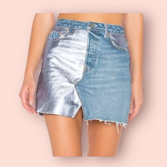 GRLFRND Milla Metallic Leather Panel Denim‎ Mini Skirt size 23 - Picture 1 of 6